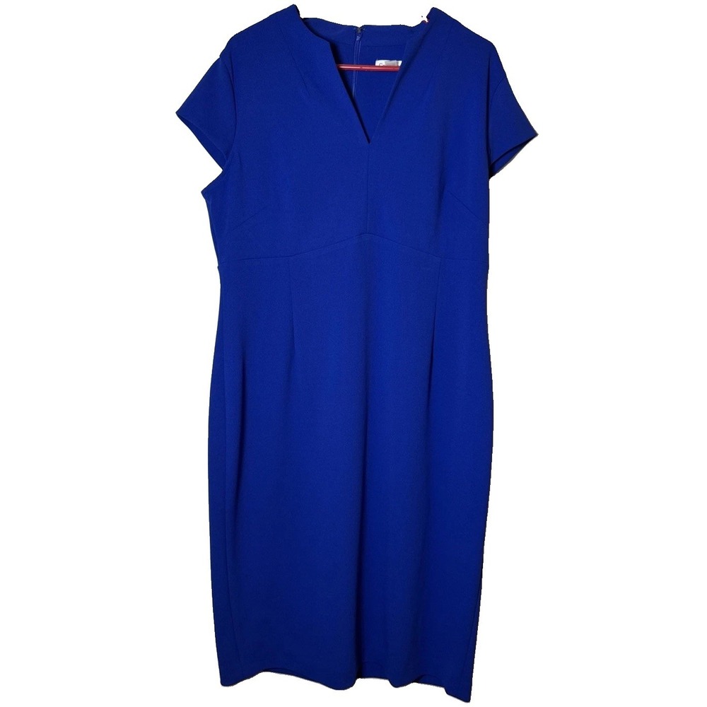 Calvin Klein Womens Size 16 Blue Sheath Dress V Neck Short Sleeve Stretch NWT
